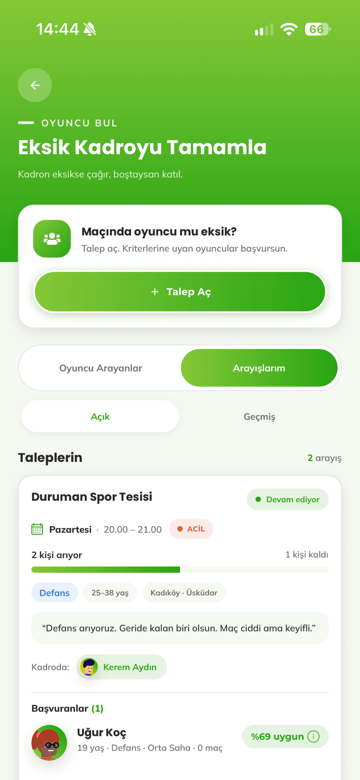 Bir oyuncu talebinin detayı ve başvur düğmesi