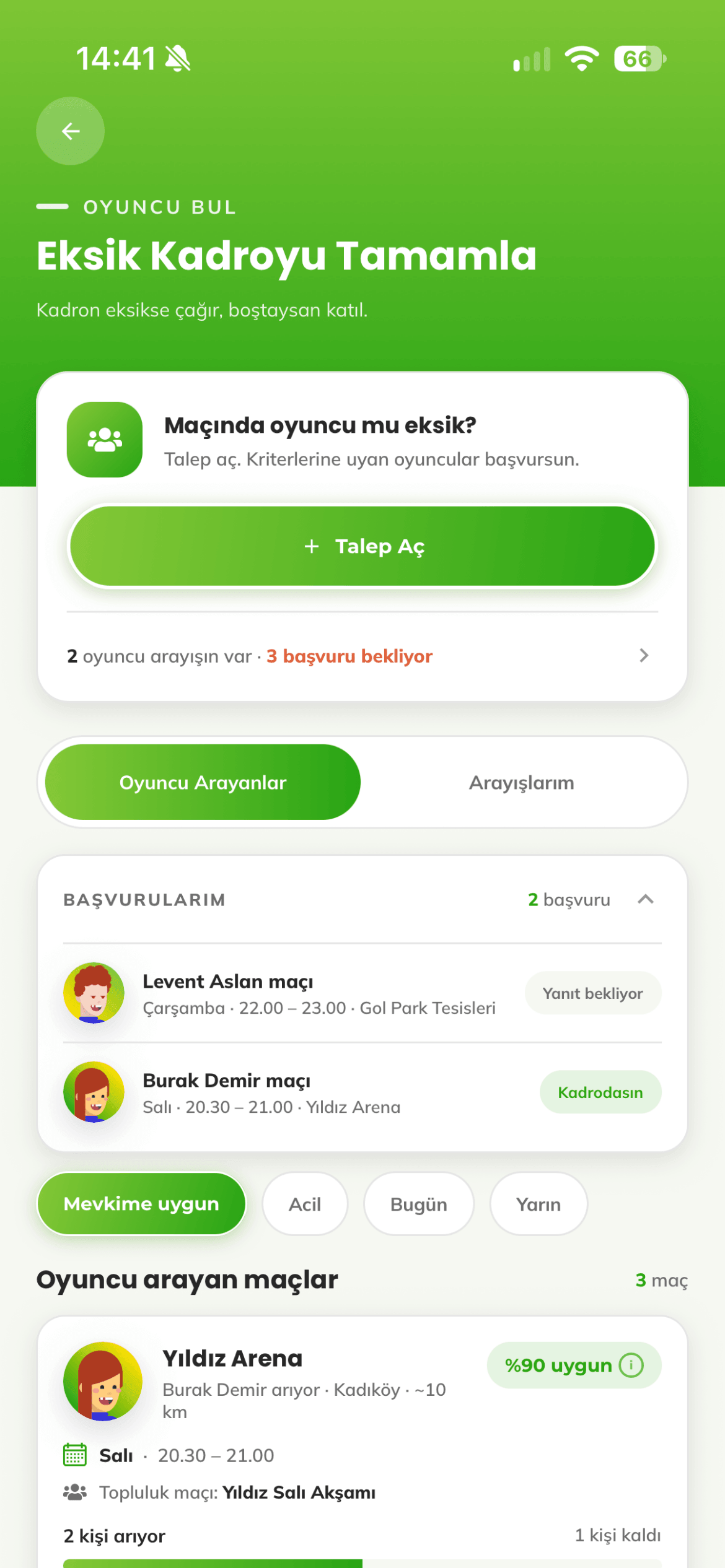 Oyuncu Bul: eksik kadro talebi ve başvurular