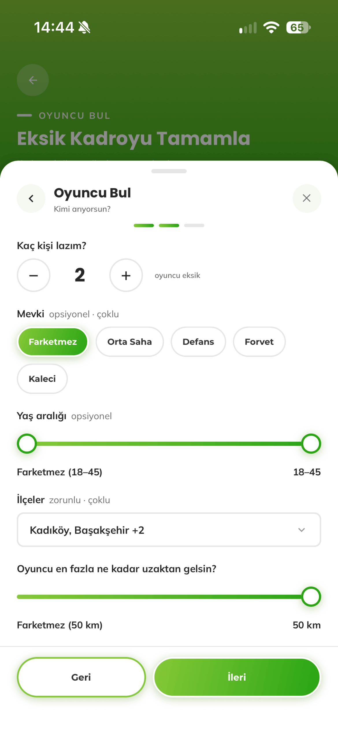 Talep sihirbazının kimi arıyorsun adımı: kişi sayısı, mevki, yaş aralığı, ilçeler ve mesafe