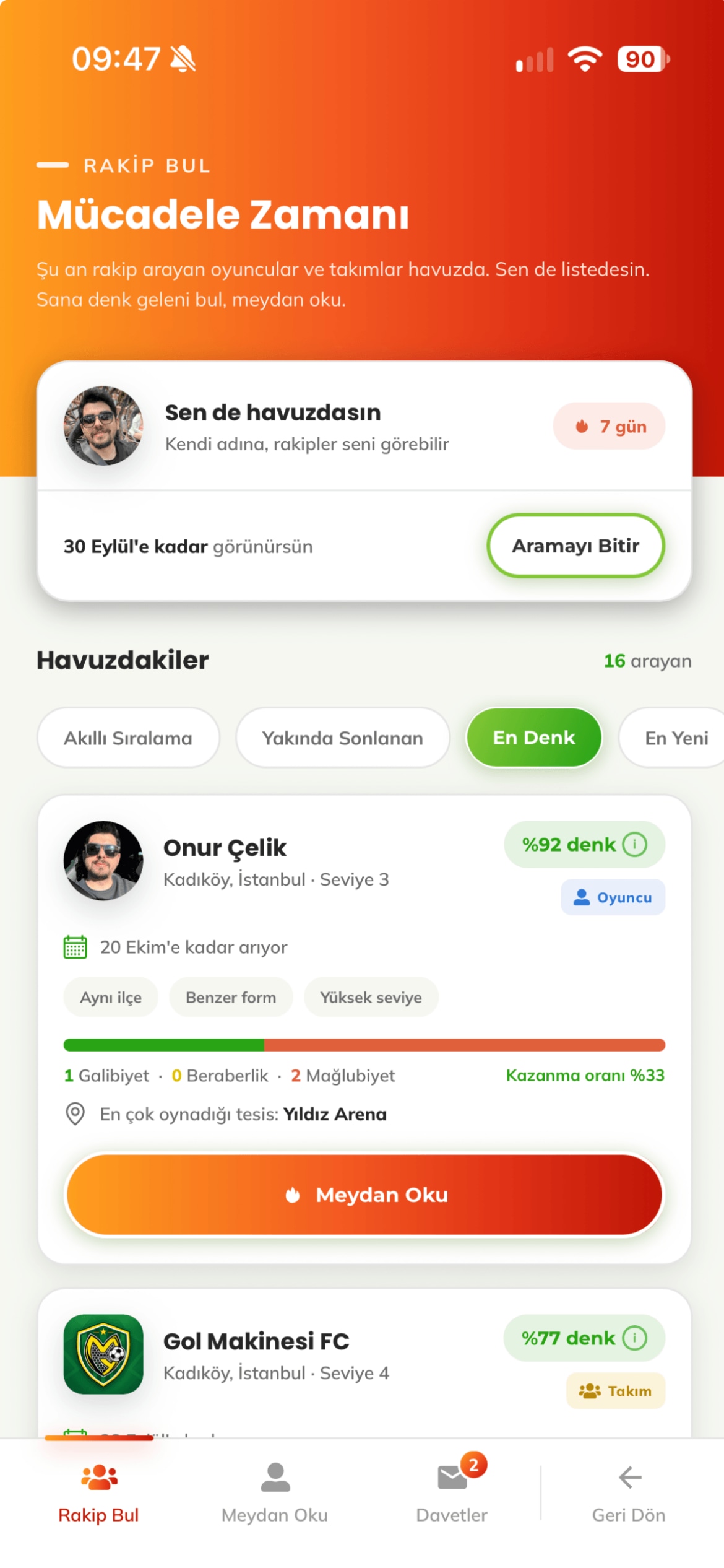 Rakip havuzunda sıralama seçenekleri açık