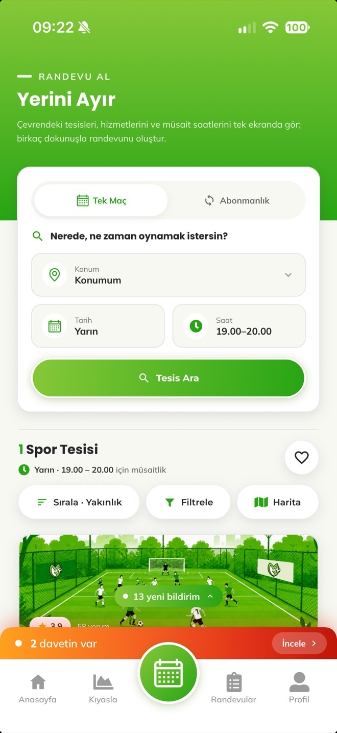 Randevu Al: konum, tarih ve saatle tesis arama
