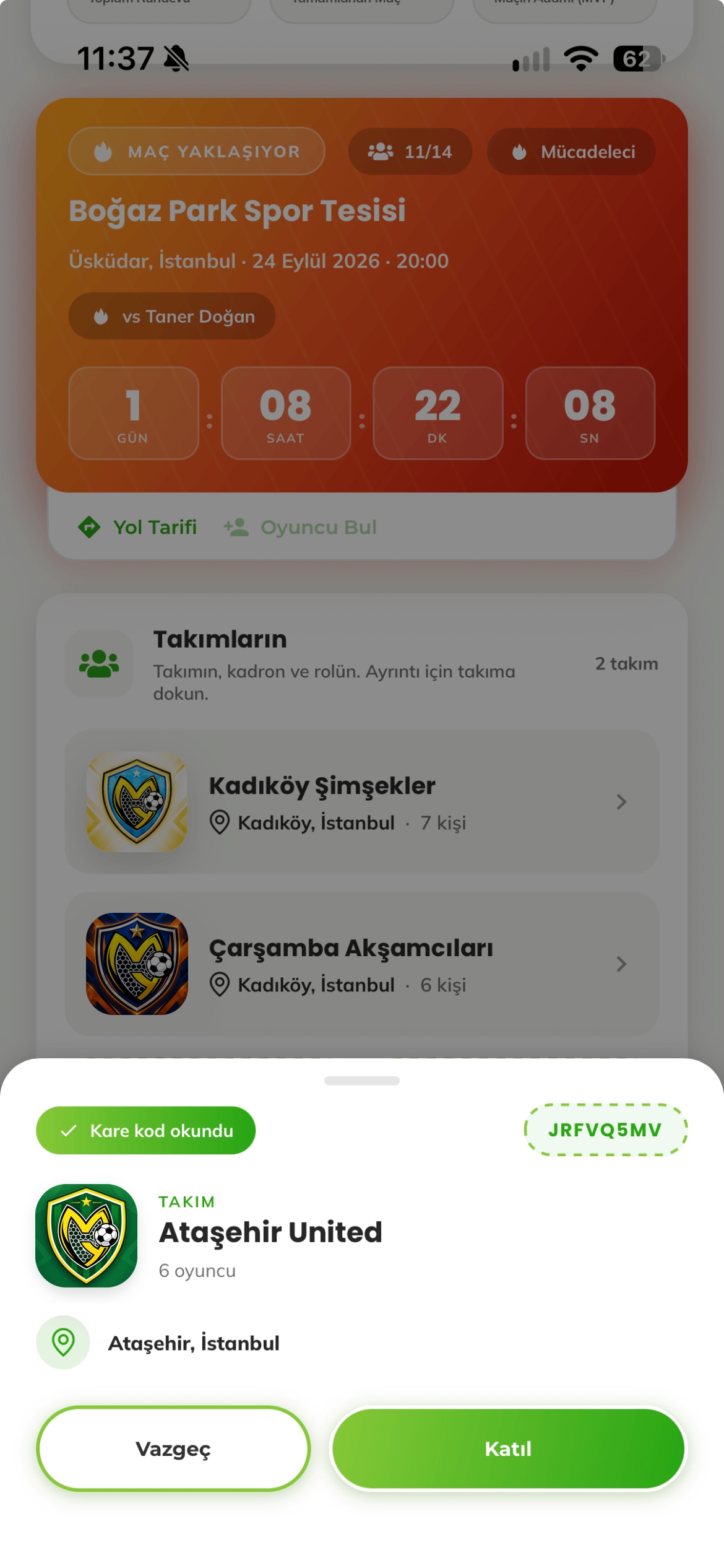 Takım davet kodu önizlemesi